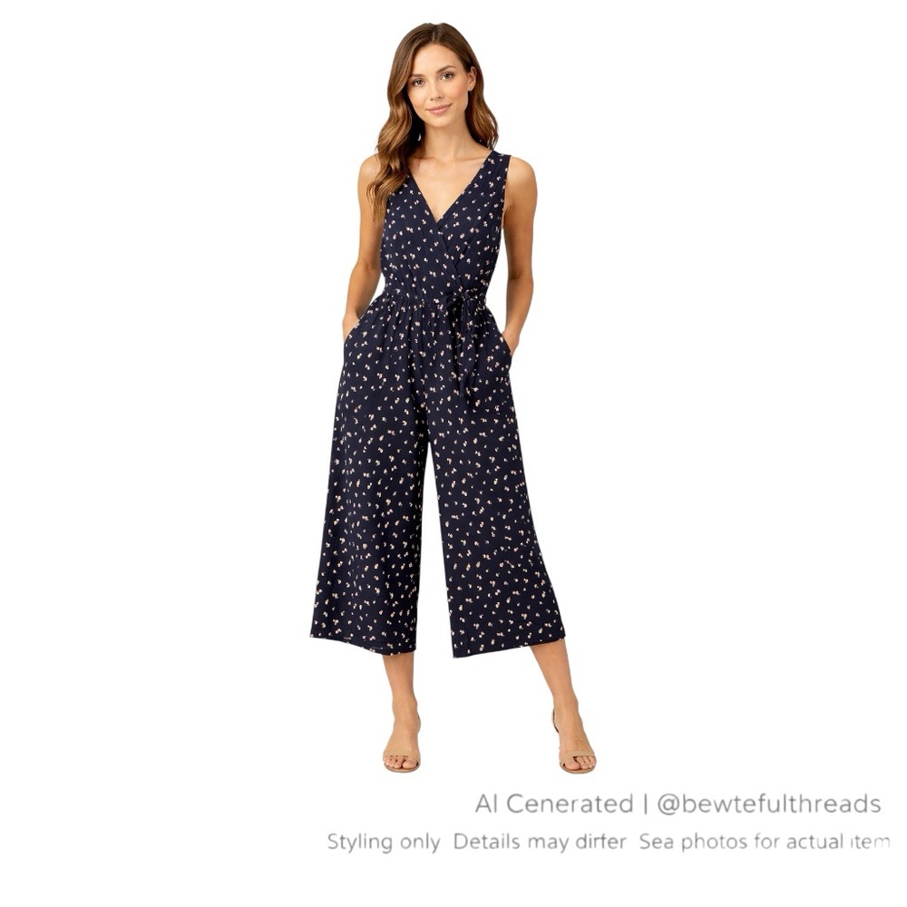 Gilli L/XL Navy Floral Wide Leg Jumpsuit Stretch Boho Chic